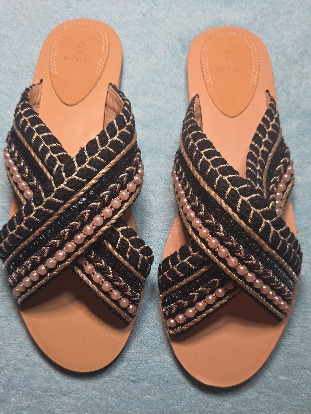 Bill Blass Black Braided Pearl-Trim Slide Sandals with Tan Footbed 7.5